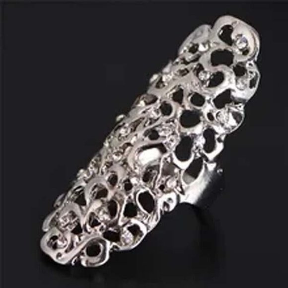 NEW HUGE SILVERY OPEN LACY FILIGREE WITH CRYSTALS LONG OVAL SZ. 8 RING 67 - Picture 1 of 2